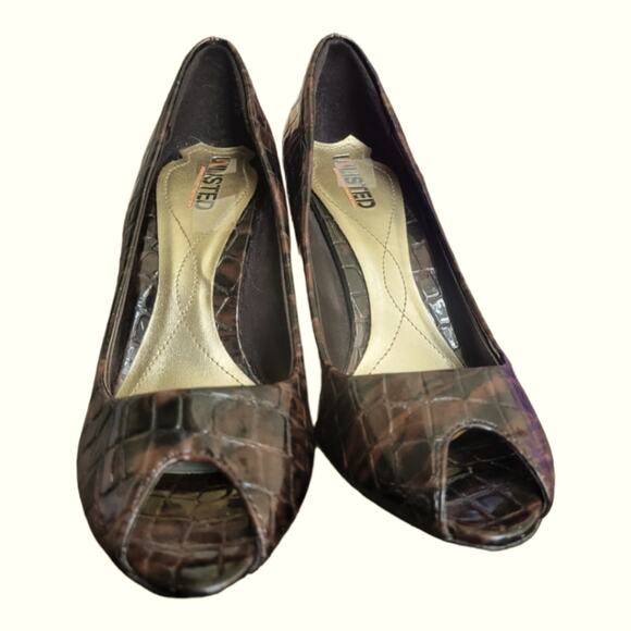 Alligator Print Open Toe 4" High Heels Size 7.5 Brown - Picture 1 of 8